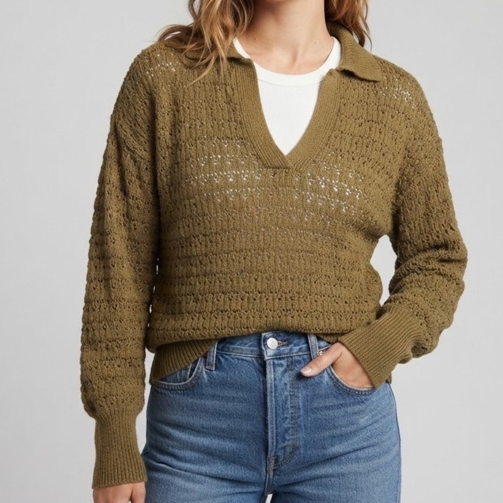 Madewell Pointelle Polo Sweater Olive Brown Cotton Knit V-Neck Long Sleeve XXS